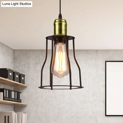 Lámpara colgante metálica suspendida de bronce/latón con 1 bombilla - Mini lámpara industrial de jaula de alambre para sala de estar