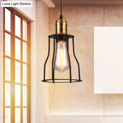 Lámpara colgante metálica suspendida de bronce/latón con 1 bombilla - Mini lámpara industrial de jaula de alambre para sala de estar