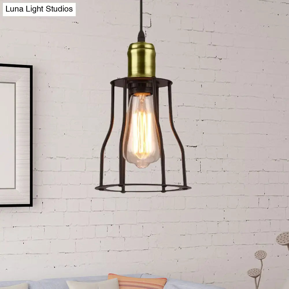 1-Bulb Bronze/Brass Suspended Metal Pendant Lamp - Mini Industrial Wire Cage Light for Living Room