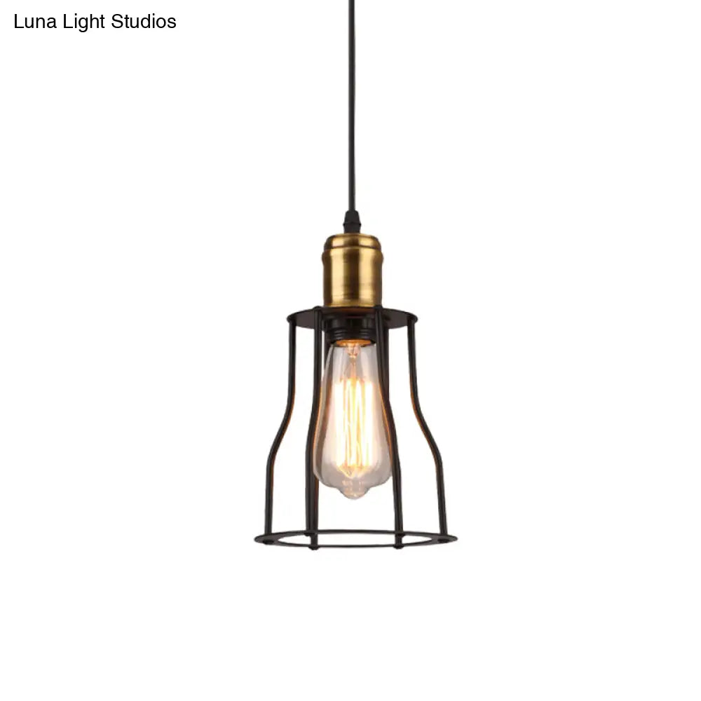 1-Bulb Bronze/Brass Suspended Metal Pendant Lamp - Mini Industrial Wire Cage Light for Living Room