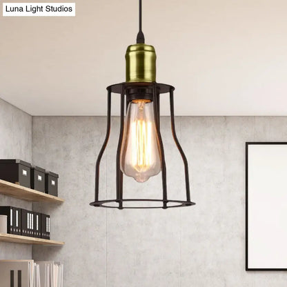 Lámpara colgante metálica suspendida de bronce/latón con 1 bombilla - Mini lámpara industrial de jaula de alambre para sala de estar