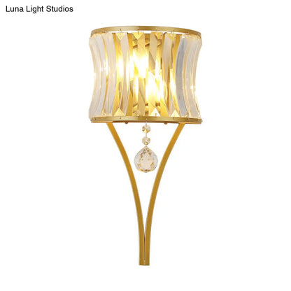 1-Bulb Clear Crystal Wall Lamp - Rustic Curved Wave Design - Bedroom Wall Mounted Lighting with Metal Frame