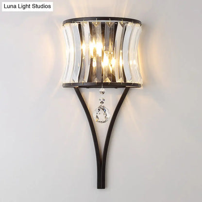 1-Bulb Clear Crystal Wall Lamp - Rustic Curved Wave Design - Bedroom Wall Mounted Lighting with Metal Frame