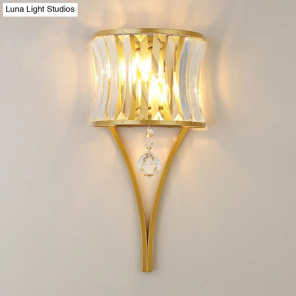 1-Bulb Clear Crystal Wall Lamp - Rustic Curved Wave Design - Bedroom Wall Mounted Lighting with Metal Frame