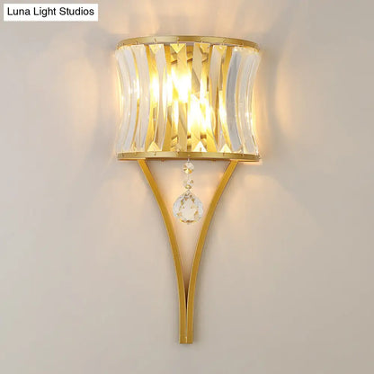 1-Bulb Clear Crystal Wall Lamp - Rustic Curved Wave Design - Bedroom Wall Mounted Lighting with Metal Frame