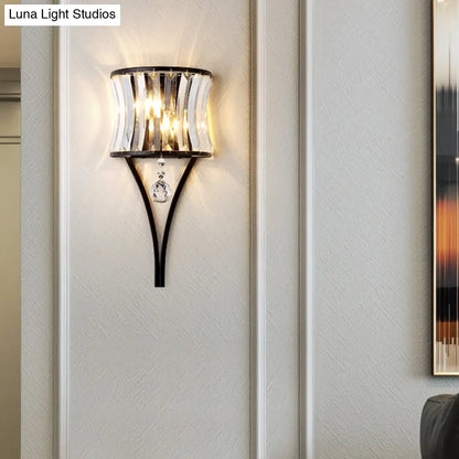 1-Bulb Clear Crystal Wall Lamp - Rustic Curved Wave Design - Bedroom Wall Mounted Lighting with Metal Frame