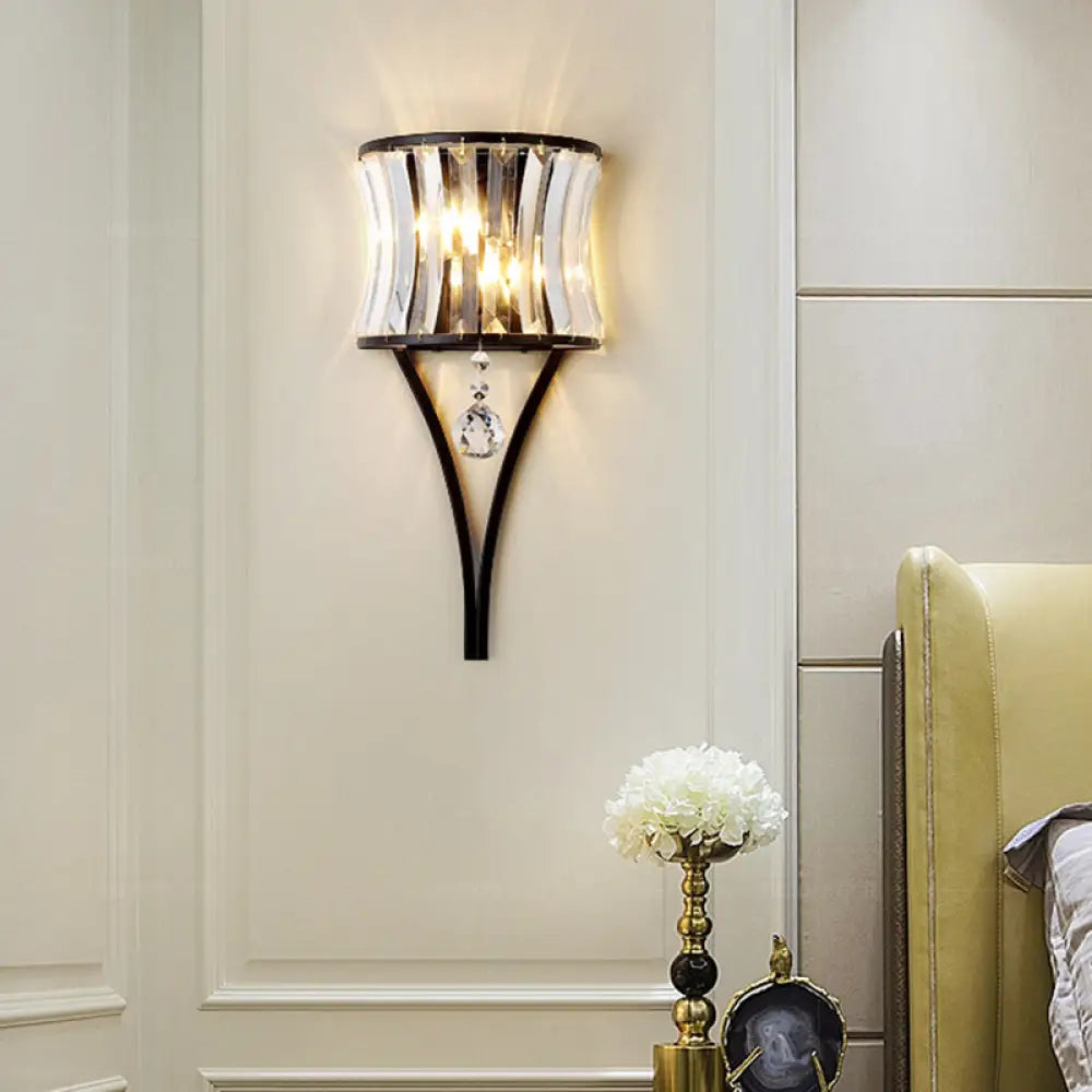 1-Bulb Clear Crystal Wall Lamp - Rustic Curved Wave Design - Bedroom Wall Mounted Lighting with Metal Frame