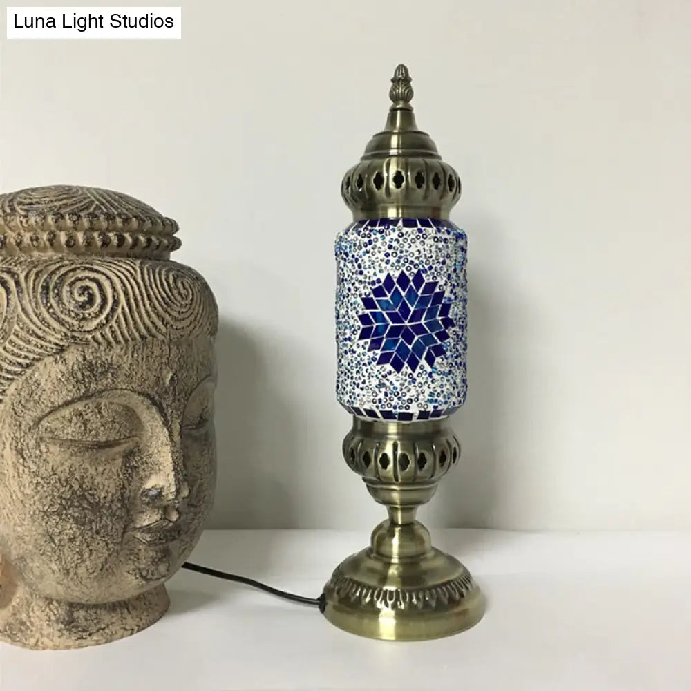 1-Bulb Cylinder Night Table Lamp with Red/Blue Glass Shade & Brass Metal Base - Task Lighting Tradition