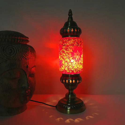 1-Bulb Cylinder Night Table Lamp with Red/Blue Glass Shade & Brass Metal Base - Task Lighting Tradition