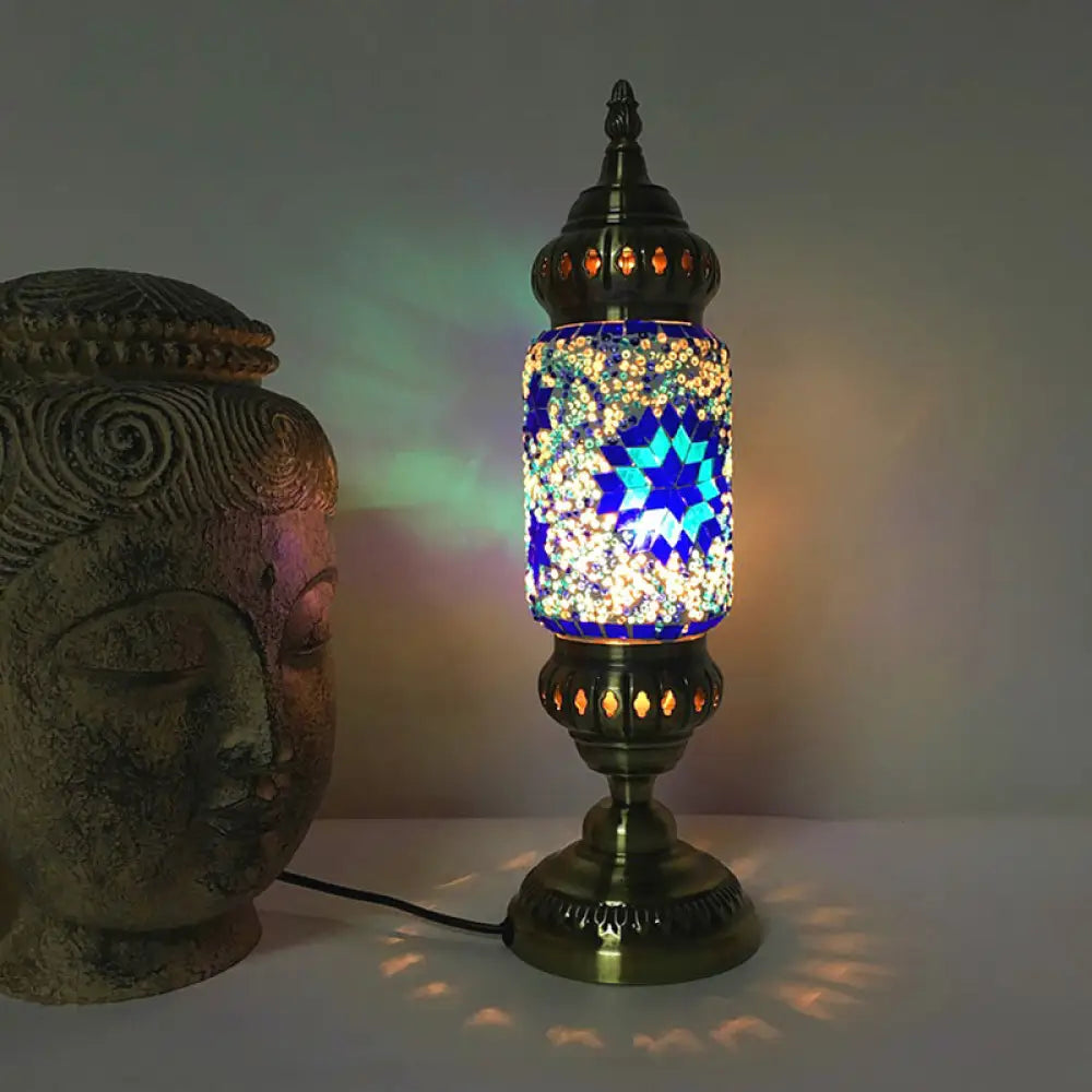 1-Bulb Cylinder Night Table Lamp with Red/Blue Glass Shade & Brass Metal Base - Task Lighting Tradition