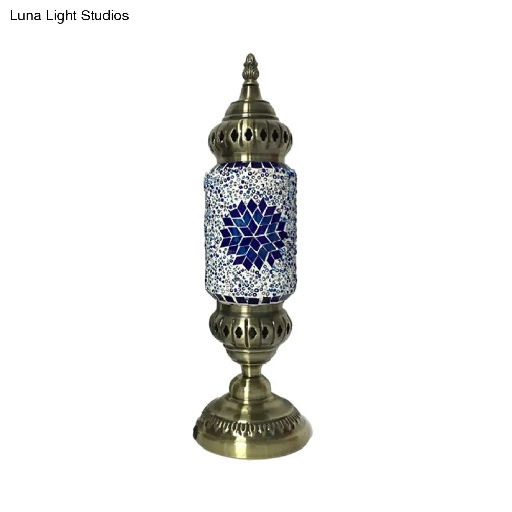 1-Bulb Cylinder Night Table Lamp with Red/Blue Glass Shade & Brass Metal Base - Task Lighting Tradition