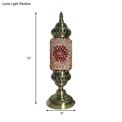 مصباح طاولة ليلي أسطواني بمصباح واحد مع غطاء زجاجي أحمر/أزرق وقاعدة معدنية من النحاس - إضاءة المهام التقليدية