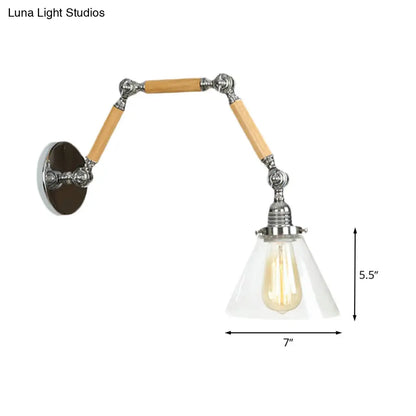 مصباح حائط مخروطي صناعي بمصباح واحد مع زجاج شفاف ولمسة نهائية من الكروم - مثالي لغرفة المعيشة