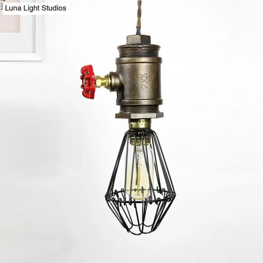Lámpara colgante industrial de 1 bombilla con válvula roja - Luminaria de techo color bronce