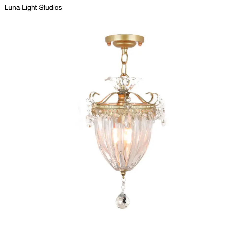 1-Bulb Semi Flush Gold Ceiling Light with Traditional Ribbed Crystal Bell Design