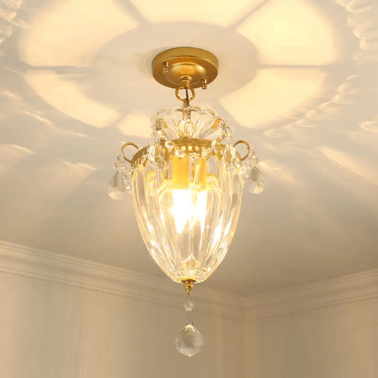 1-Bulb Semi Flush Gold Ceiling Light with Traditional Ribbed Crystal Bell Design