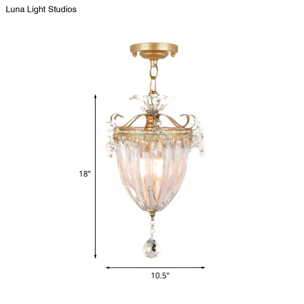 1-Bulb Semi Flush Gold Ceiling Light with Traditional Ribbed Crystal Bell Design