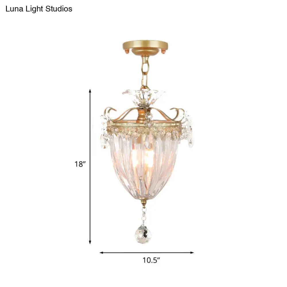 1-Bulb Semi Flush Gold Ceiling Light with Traditional Ribbed Crystal Bell Design
