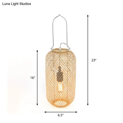 1-Head Asian-Style Flaxen Cylinder Cage Nightstand Lamp with Bamboo Rattan Shade