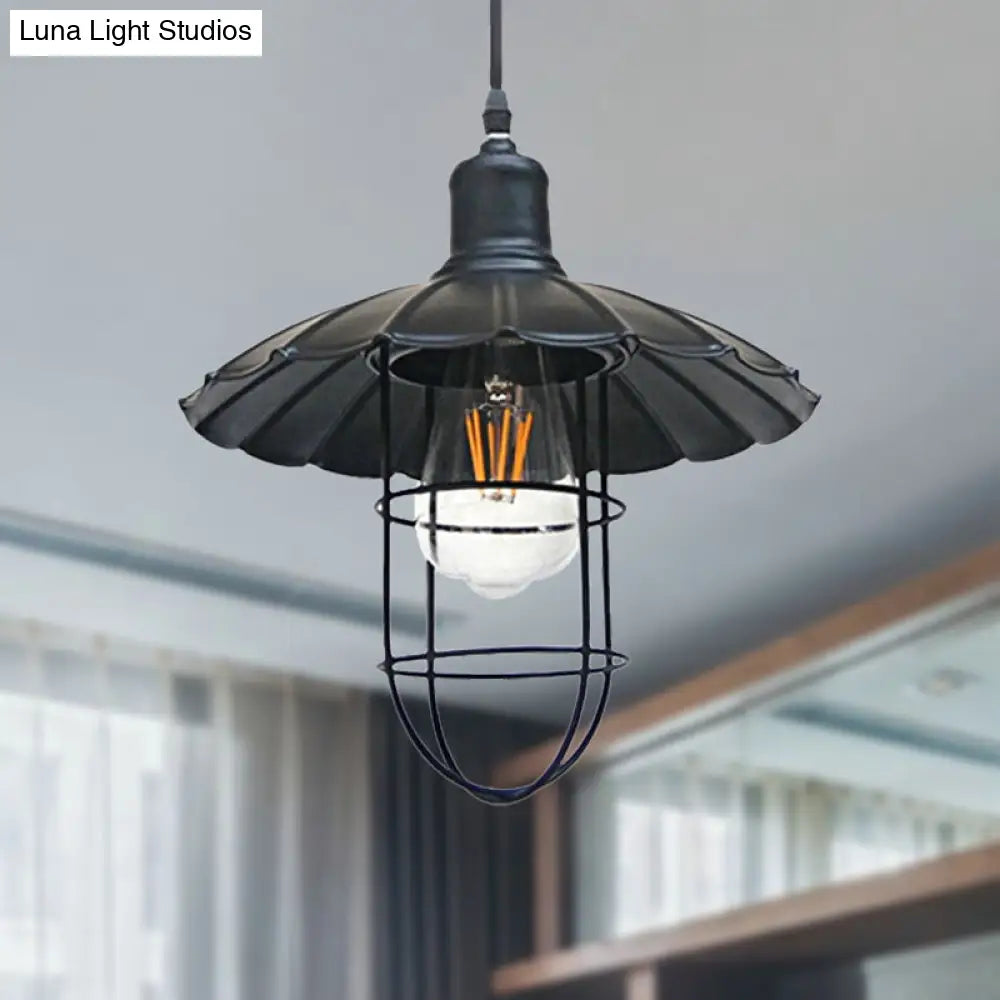1 Head Black Metal Wire Guard Pendant Light with Nautical Scalloped Shade for Stylish Restaurant Ambiance