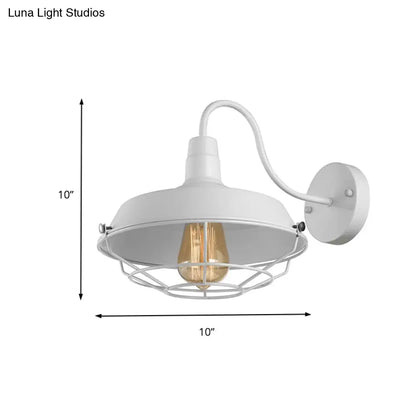 1-Head Caged Wall Sconce with Barn Shade and Gooseneck Arm - 10"/14" Size in Black/White for Restaurant Lighting