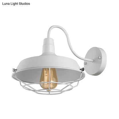 1-Head Caged Wall Sconce with Barn Shade and Gooseneck Arm - 10"/14" Size in Black/White for Restaurant Lighting