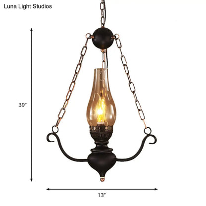 1-Head Farmhouse Pendant Lamp Kit with Chain Decor – Clear Glass, Elongated Design, Black Finish