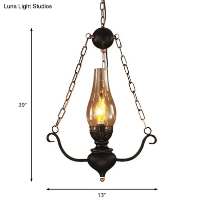 1-Head Farmhouse Pendant Lamp Kit with Chain Decor – Clear Glass, Elongated Design, Black Finish