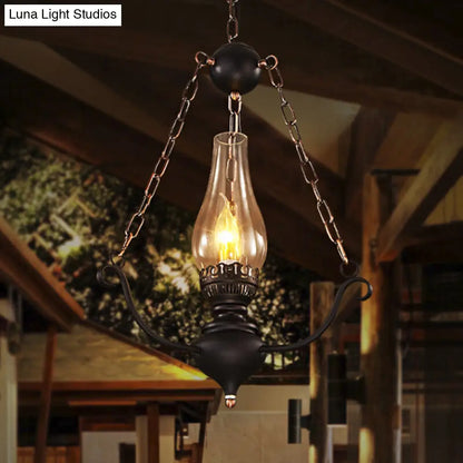 1-Head Farmhouse Pendant Lamp Kit with Chain Decor – Clear Glass, Elongated Design, Black Finish