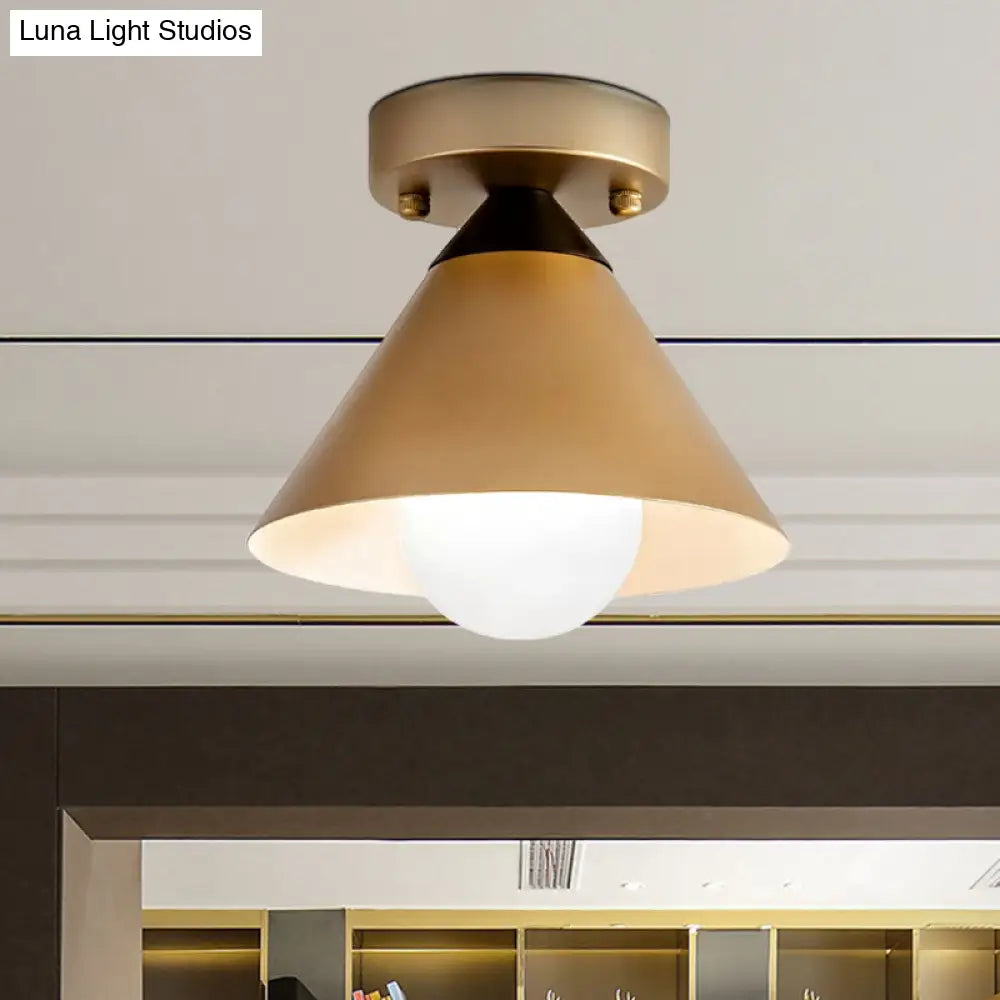1 Head Golden Flush Mount Ceiling Light with Metal Cone Shade - Minimalist Kitchen Lamp