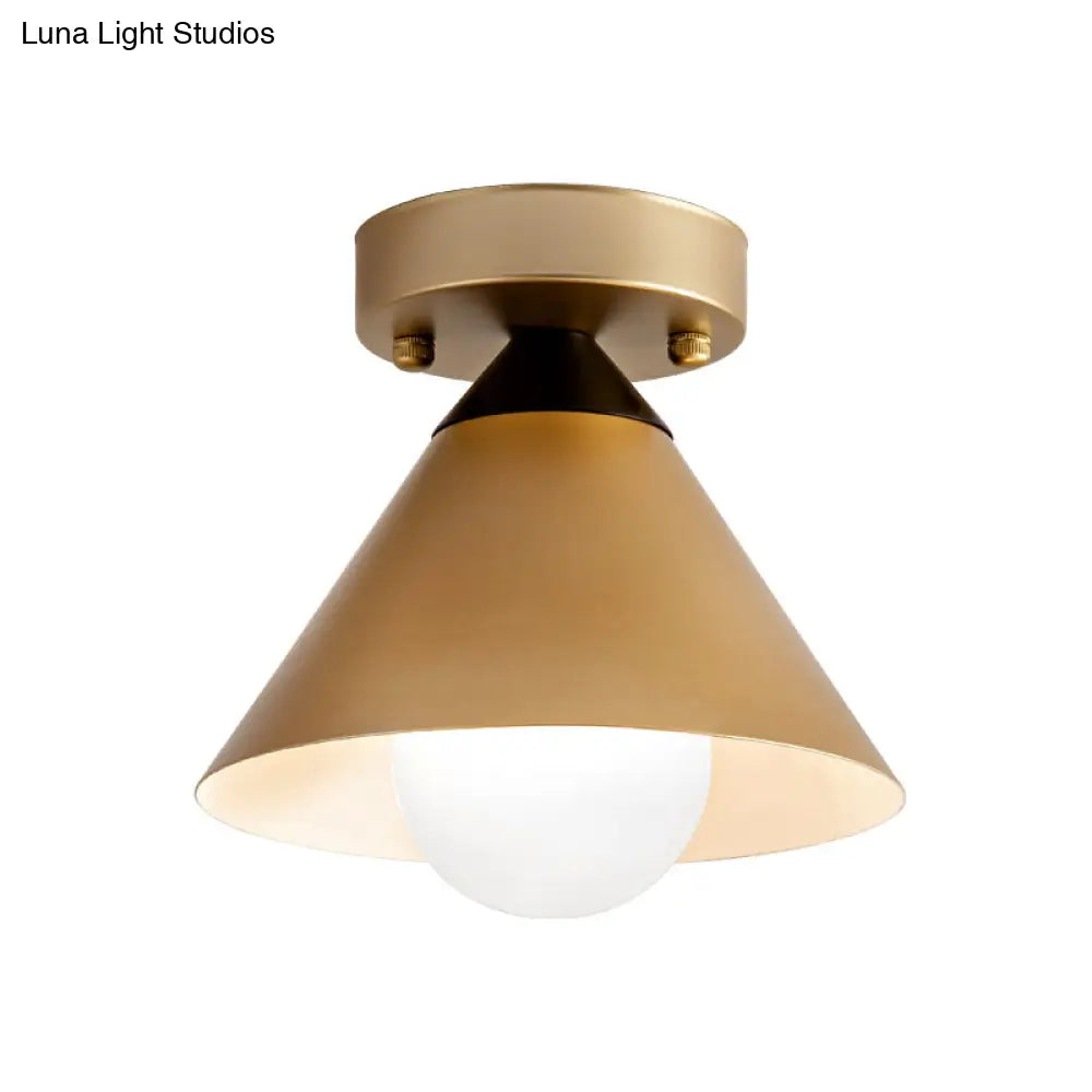 1 Head Golden Flush Mount Ceiling Light with Metal Cone Shade - Minimalist Kitchen Lamp