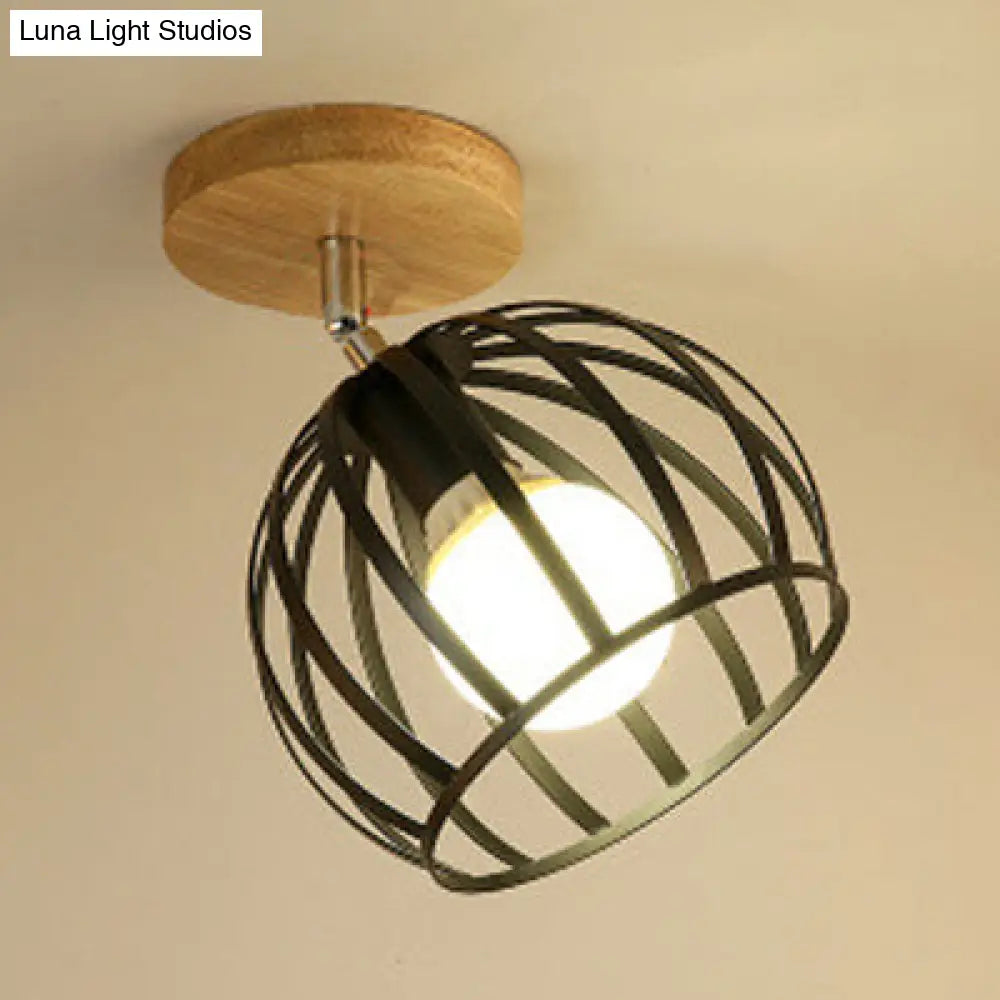 1 Head Semi Flush Mount Industrial Ceiling Light with Rotatable Globe/Barn Shade and Wooden Canopy - Black