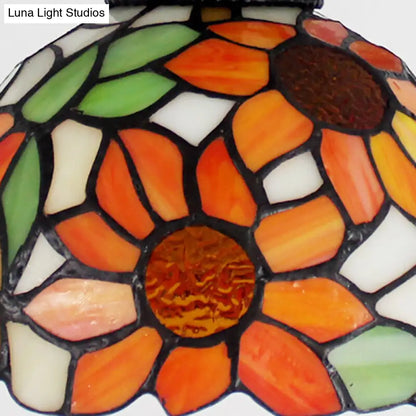 DecorBites™ مصباح سقف نصف مسطح من الزجاج العتيق من تيفاني برأس واحد باللون البرتقالي للممر مع تصميم قبة شبكية وأنماط زخرفية