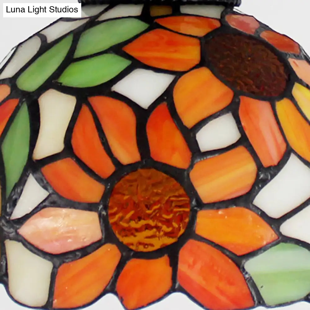 1 Head Tiffany Antique Glass Semi Flush Mount Ceiling Light in Orange for Hallway with Grid Dome Design and Decorative Patterns
