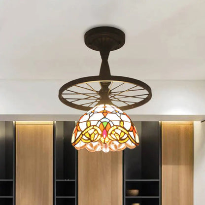 DecorBites™ مصباح سقف نصف مسطح من الزجاج العتيق من تيفاني برأس واحد باللون البرتقالي للممر مع تصميم قبة شبكية وأنماط زخرفية