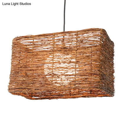 1-Light Asian Rattan Pendant Light Fixture in Brown for Dining Room