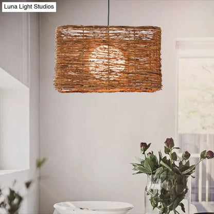 1-Light Asian Rattan Pendant Light Fixture in Brown for Dining Room