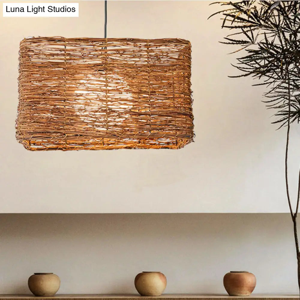 1-Light Asian Rattan Pendant Light Fixture in Brown for Dining Room