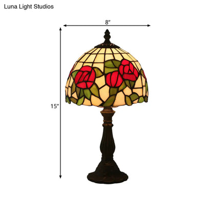 1-Light Baroque Style Stained Art Glass Nightstand Light with Bloom Pattern in Red/Pink for Bedroom