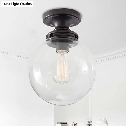 1-Light Black Industrial Ceiling Light with Clear Glass Shade - Round Flush-mount Lamp for Cloth Shop