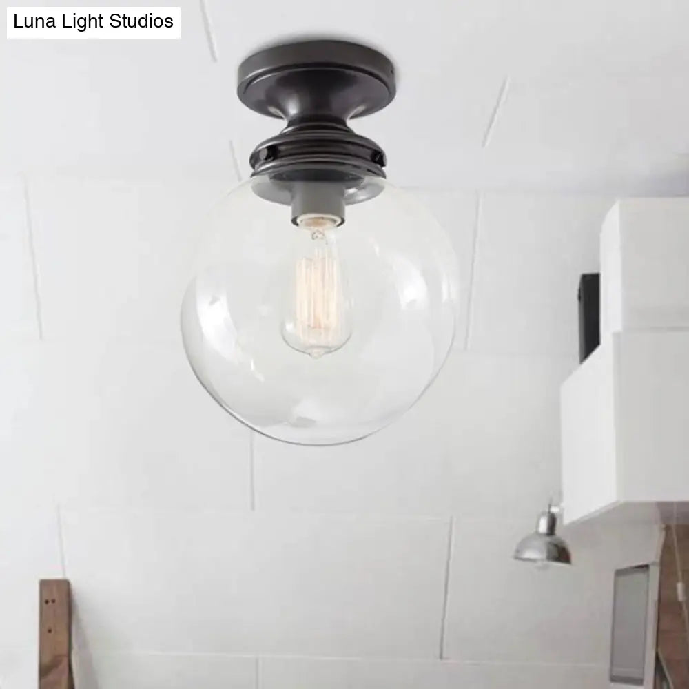 1-Light Black Industrial Ceiling Light with Clear Glass Shade - Round Flush-mount Lamp for Cloth Shop