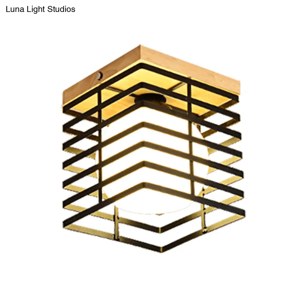 1-Light Black/White Metal Square Flush Mount Pendant Fixture for Corridor Ceiling