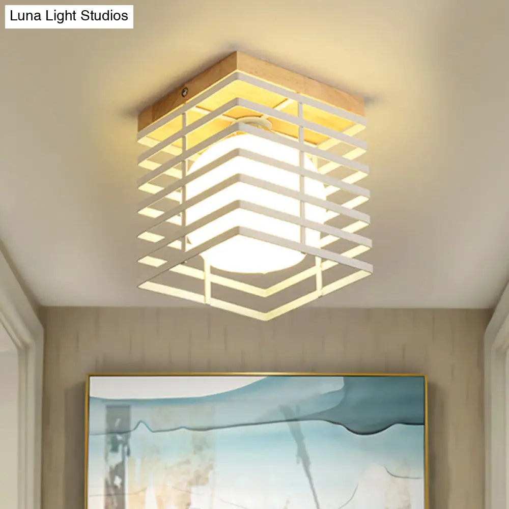1-Light Black/White Metal Square Flush Mount Pendant Fixture for Corridor Ceiling