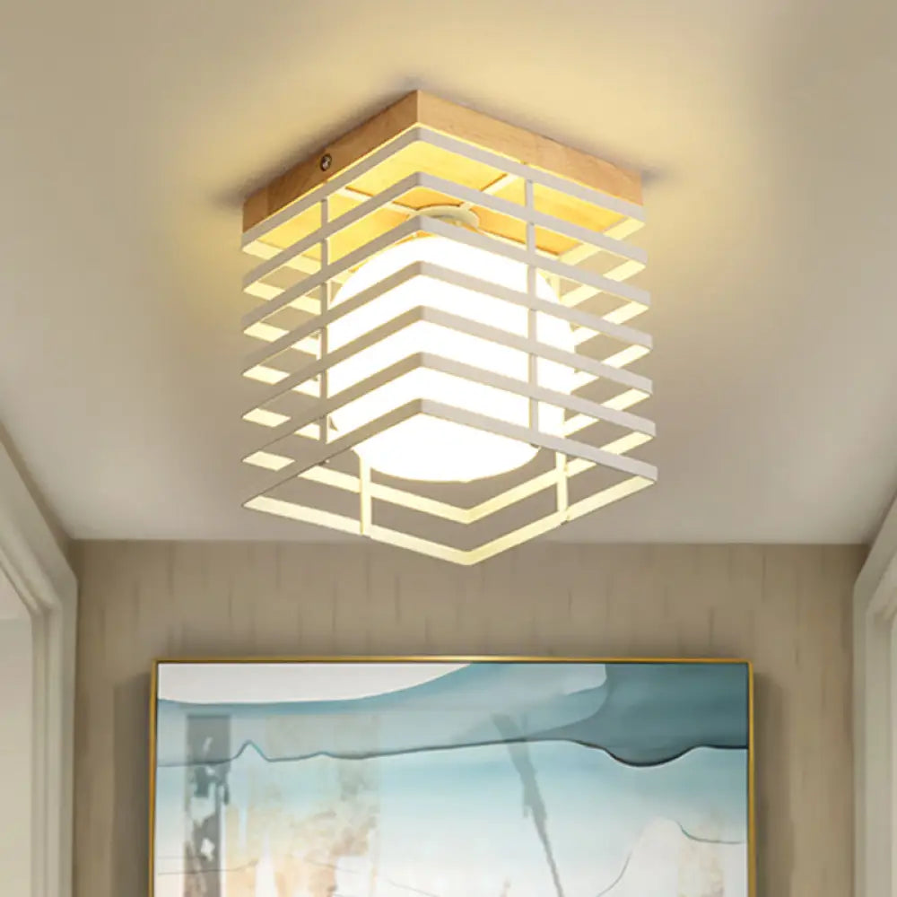 1-Light Black/White Metal Square Flush Mount Pendant Fixture for Corridor Ceiling
