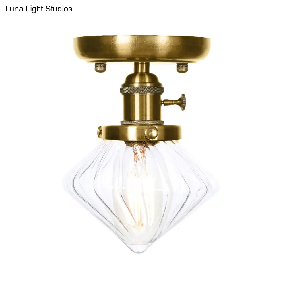 1-Light Clear/Amber Glass Ceiling Lighting - Industrial Brass Cone/Rhombus/Bell Semi Flush Mount for Dining Room