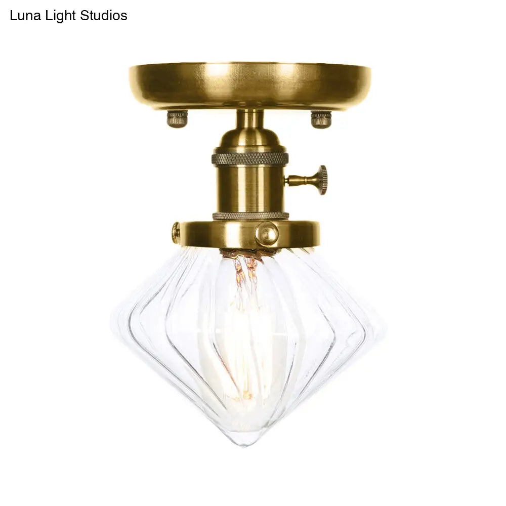 1-Light Clear/Amber Glass Ceiling Lighting - Industrial Brass Cone/Rhombus/Bell Semi Flush Mount for Dining Room