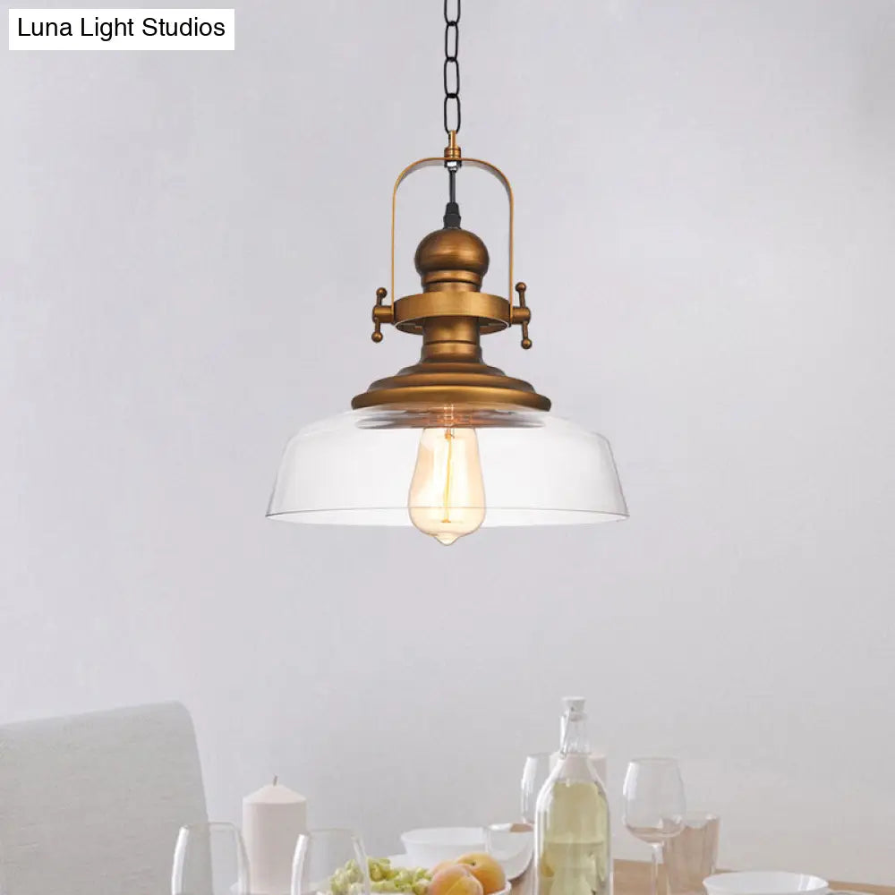 1-Light Clear Glass Dome Pendant Light Fixture - Factory Brass Look - Ideal for Coffee Shop