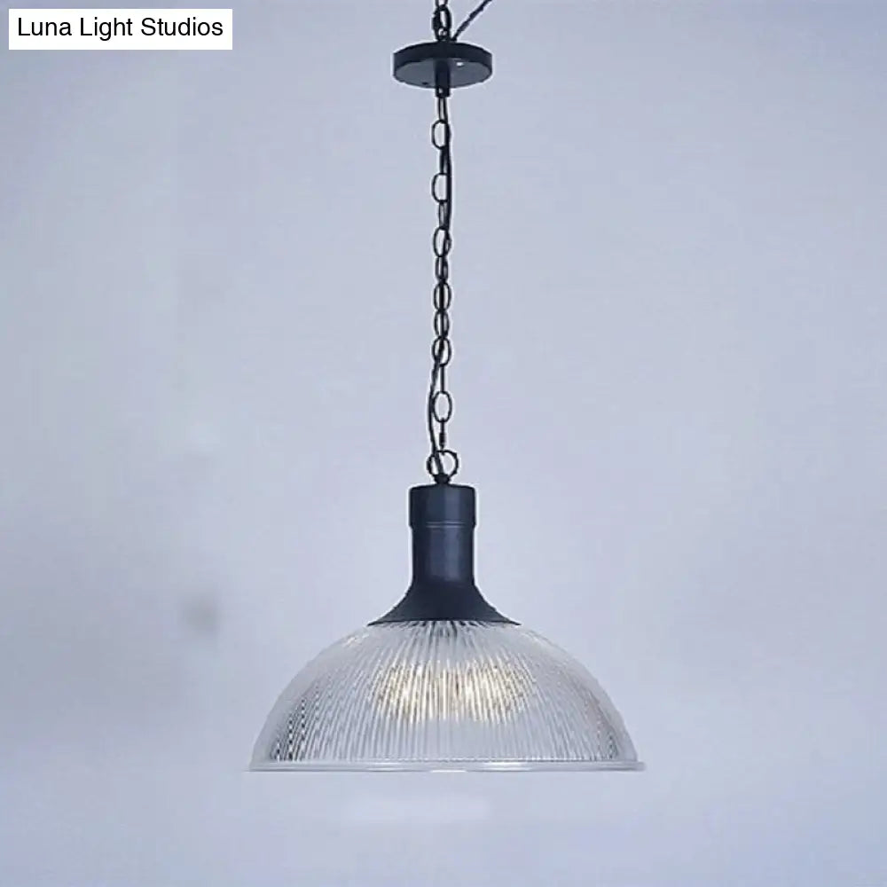 1-Light Clear Ribbed Glass Dome Pendant Light for Living Room - Factory Hanging Lighting Kit