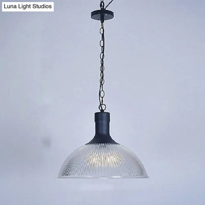 1-Light Clear Ribbed Glass Dome Pendant Light for Living Room - Factory Hanging Lighting Kit