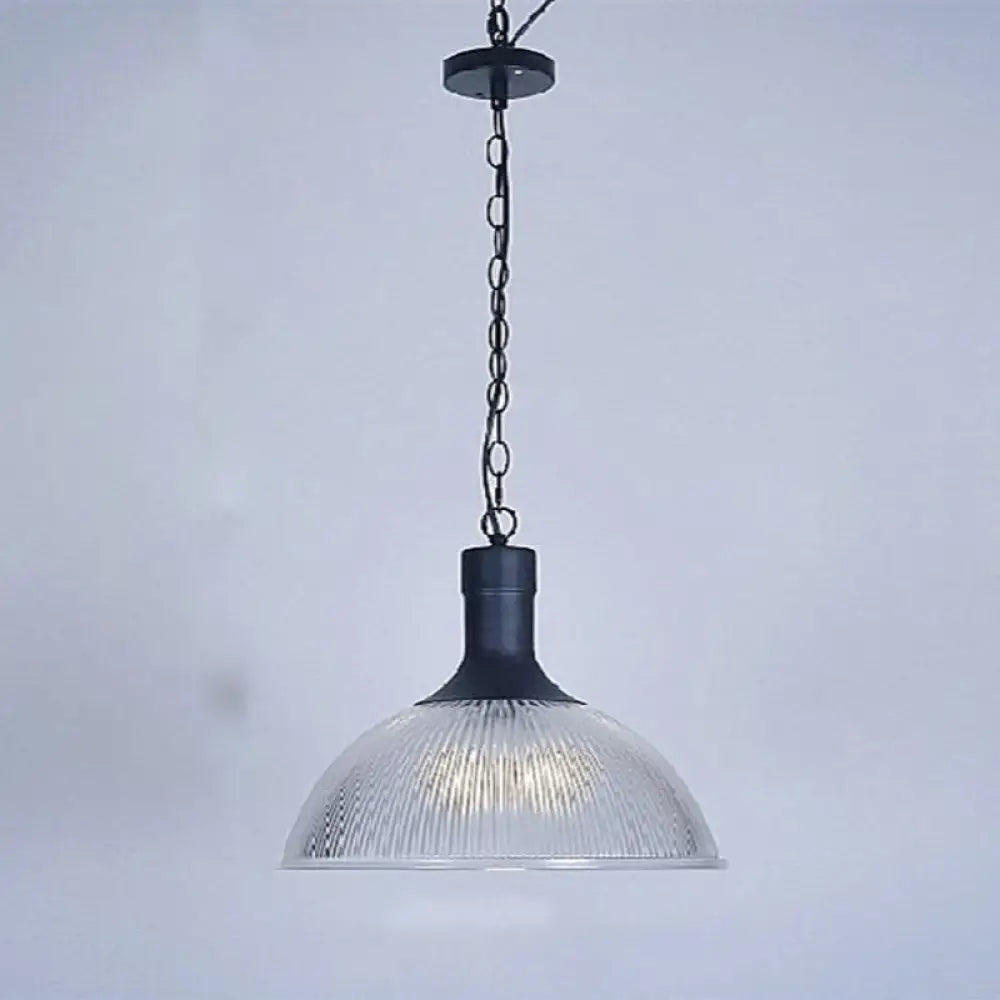 1-Light Clear Ribbed Glass Dome Pendant Light for Living Room - Factory Hanging Lighting Kit